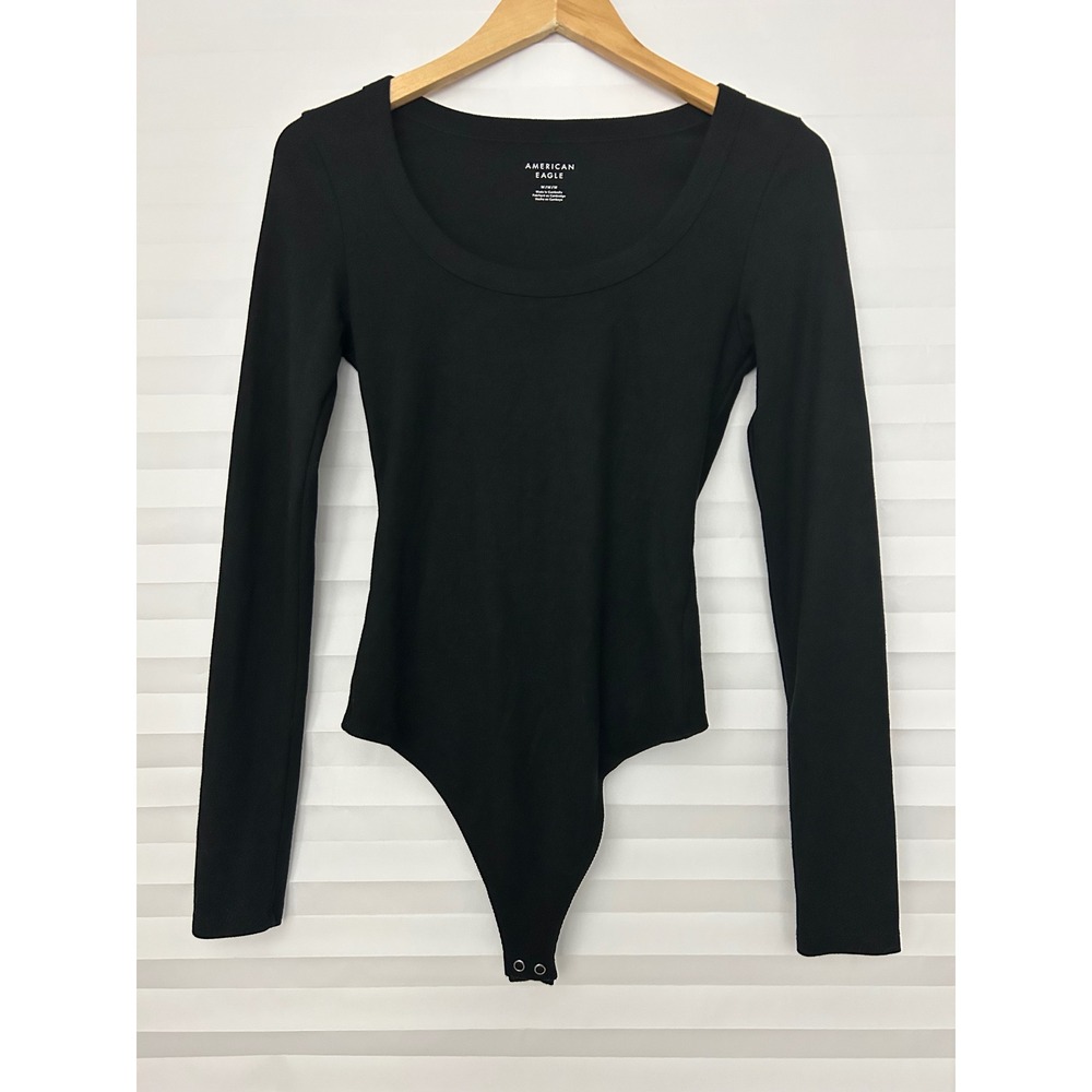 American Eagle Black Ribbed Long Sleeve Scoop Neck Bodysuit Medium